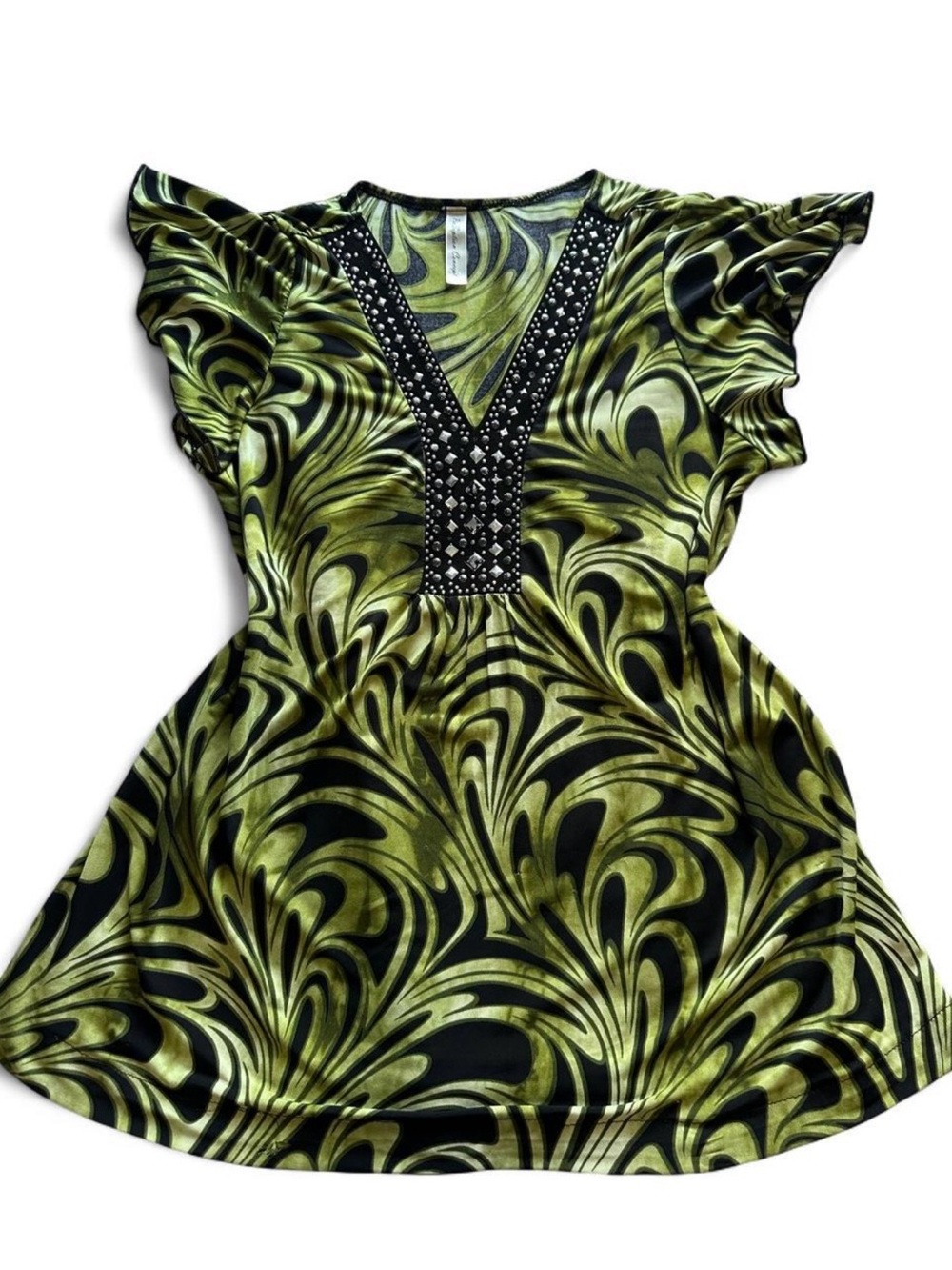 Beaded V-Neck Flutter Sleeve Blouse - Green/Black